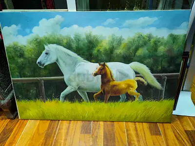 Oil Painting of Mare and Foal in Pastoral Landscape 93*63cm