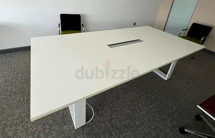 Large White Office Conference Table with Cable Management Slot