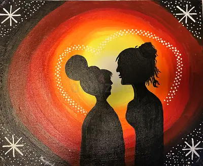 Silhouette painting of two figures with warm sunburst background
