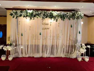 Luxury Floral Birthday  Event Backdrop | Premium White Tulle, Gold Stands  Lush Greenery