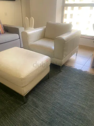IKEA White Cream Leather Armchair with Ottoman - Good Condition