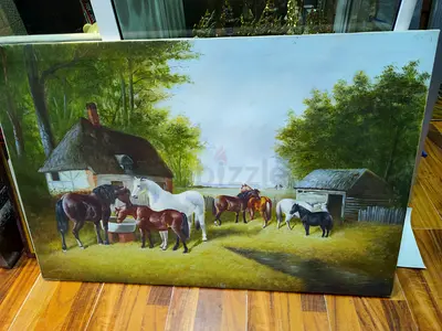 Vintage Oil Painting of Horses by Cottage 93*64cm
