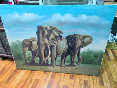 Original Oil Painting of Three Elephants on Canvas 122*94cm