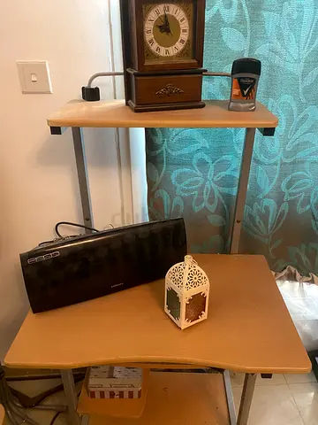 Compact computer desk with shelf — light wood finish