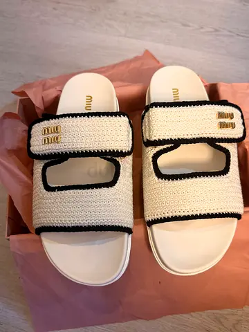 Miu Miu White woven slide sandals with black trim, size 39, original price 5,900