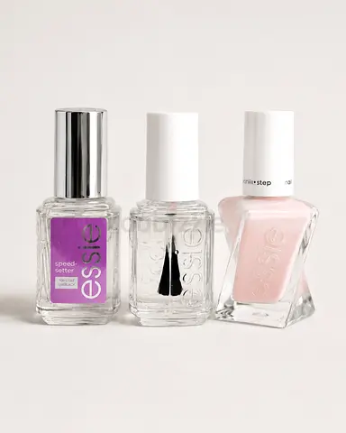 Essie nail polish set — 3 bottles (base/top/speed setter) — light pink  clear  purple
