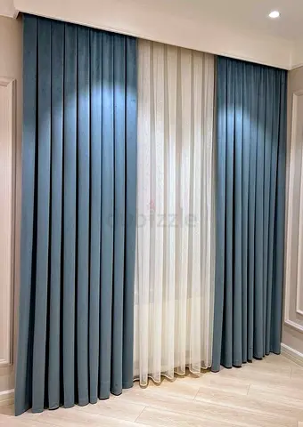 Pair of Sea‑Blue Blackout Curtains with Sheer Liner — Like New