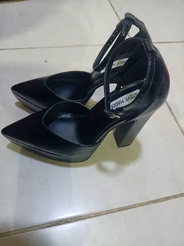 Black pointed ankle-strap block heels (womens) - size unknown, gently used