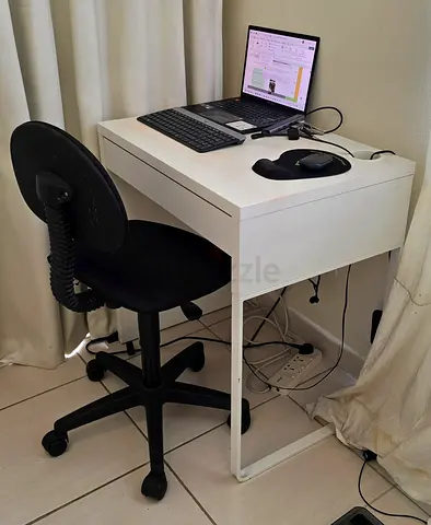 Compact White Desk with Black Office Chair Set
