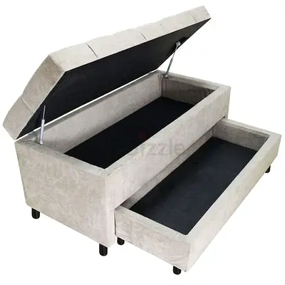 Beige Storage Bed Ottoman with Pull-Out Trundle