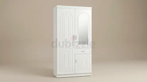 White 2-Door Wardrobe with Mirror and Drawer - Good Condition