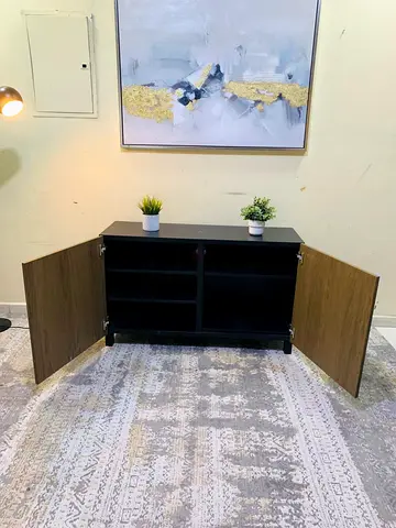 Compact Black Sideboard Cabinet with Wood-Effect Doors