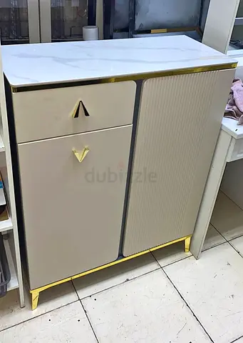 Compact Modern Sideboard / Storage Cabinet with Marble Top and Gold Accents