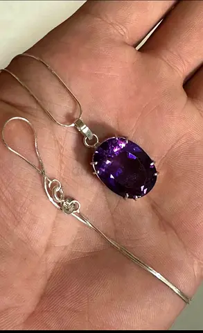 Sterling silver necklace with large oval purple gemstone pendant (amethyst)