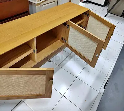 Wooden TV Cabinet / Entertainment Unit with Rattan Doors - Light Oak