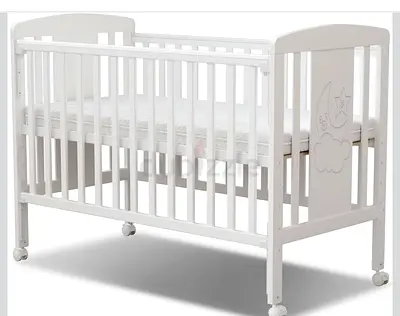 White Wooden Baby Crib with Mattress - Good Condition