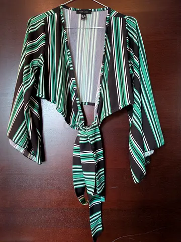 New Look, Striped Green Black Tie-Front Crop Top - Size S