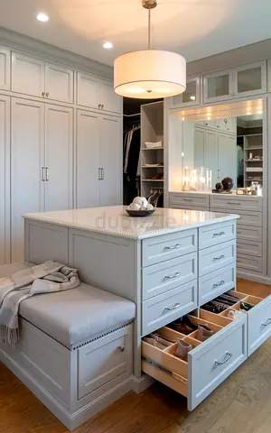 Custom Built Walk-in Closet Island with Drawers and Bench