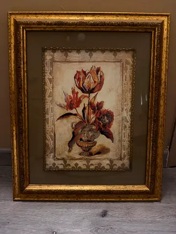 Original authentic vintage-style floral painting in ornate gold frame
