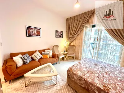 Sharjah, Al Mamzar, Maryam Island, spacious studio apartment with balcony, second occupancy, hotel-style furnishings. Price: 4000 AED including intern