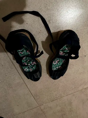 Navy wedge espadrille sandals with ankle ties, size unknown