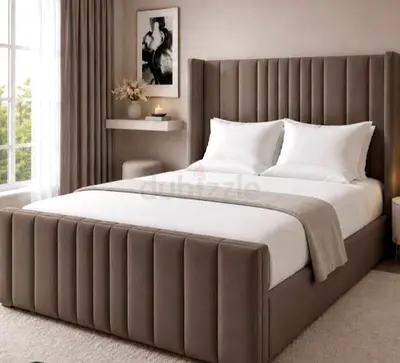 Upholstered King Bed Frame with Vertical Channel Tufted Headboard - Beige
