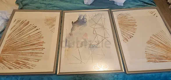 Set of 3 Framed Abstract Geometric Prints with Gold Accents