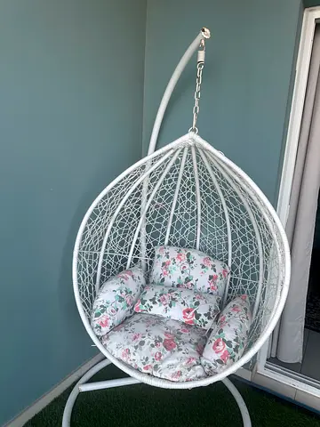 White Hanging Egg Chair with Floral Cushions - Good Condition