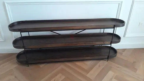 Three-tier wooden console table with metal frame in excellent condition for sale free delivery