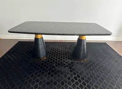 Black Marble Top 6 seater dining Table with Dual Pedestal Bases