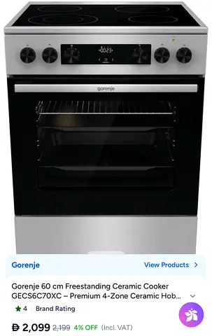 Gorenje 60 cm Freestanding Ceramic Cooker with 4-Zone Hob