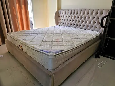 Queen tufted upholstered bed frame with mattress - good condition