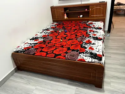 Wooden Double Bed with Headboard Storage - Good Condition