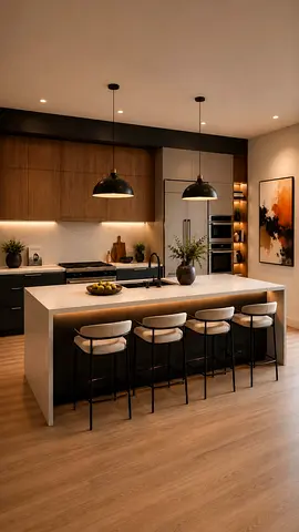 Modern kitchen island with seating and pendant lights