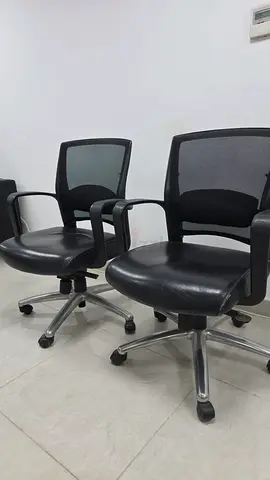 Set of 2 Black Mesh-Back Office Chairs with Leather Seats - Good Condition