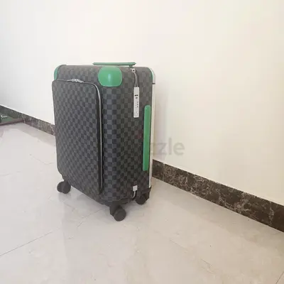 Checked Pattern Carry-On Suitcase with Green Trim - Hard Shell, 4 Wheels