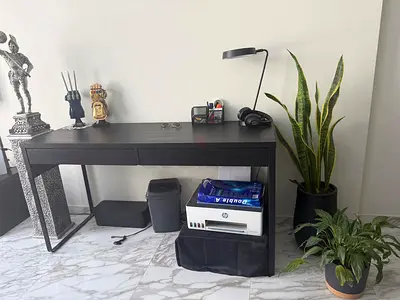 Black modern writing desk with drawers and chair good condition