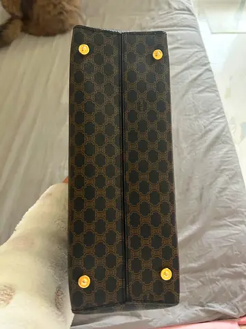 Pre-owned designer-style tote bag with patterned canvas and gold feet