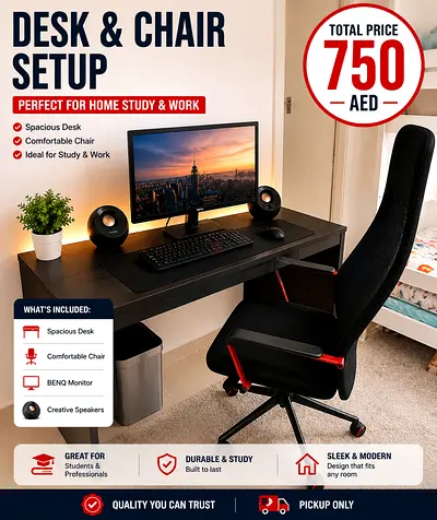 Desk and Ergonomic Office Chair Set - Complete Home Study Setup (Monitor  Speakers Included)