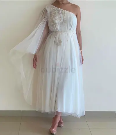 One-shoulder white tulle midi dress with cape sleeve - elegant evening/wedding