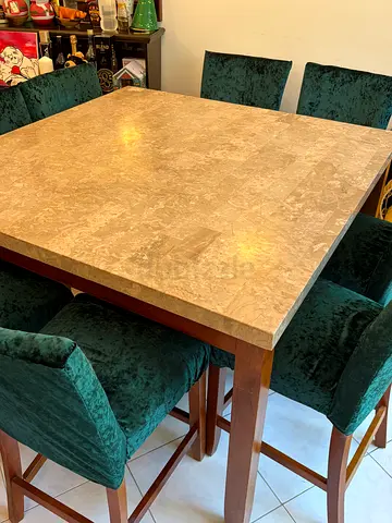 Wooden Dining Table with Marble Top and 8 Velvet Chairs- from Marina Home