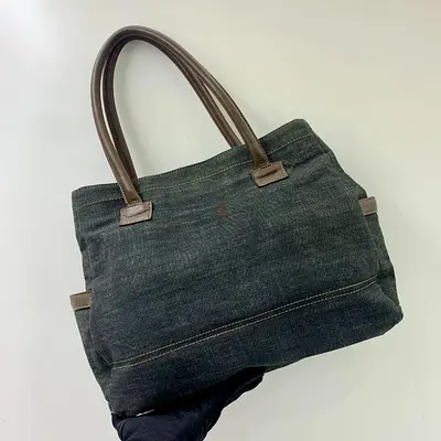 Burberry Dark Denim Tote Bag with Brown Leather Handles