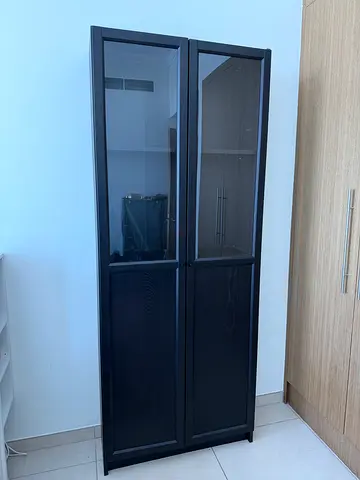 IKEA Bjursta-style Black Display Cabinet with Glass Doors - H: 200 cm W: 80cm D: 30cm