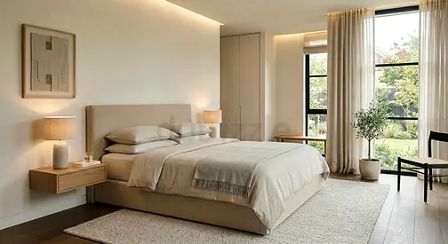 Beige upholstered Queen size bed