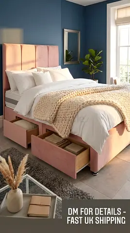 Pink Upholstered Storage Bed with Headboard and Drawer