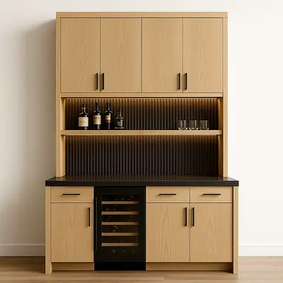 Oak Finish Kitchen Storage Cabinet with Wine Cooler and Display Shelves