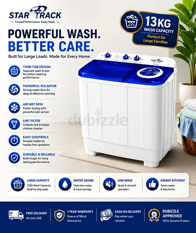 Star Track Twin Tub Washing Machine 13KG – Semi Automatic Spin Dry Energy Efficient SW-1300B1-TK
