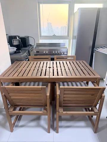Solid Wood Outdoor Dining Table with 4 Stools - Good Condition