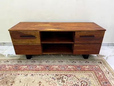 Solid Wood TV Cabinet / Entertainment Unit - 4 Drawers, Open Shelves
