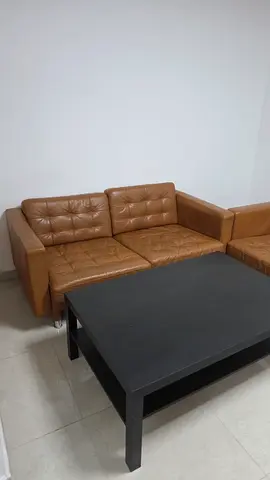 Brown leather 3-seater sofa (used) with coffee table
